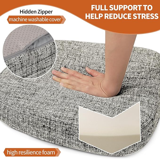 SINOSSO Thickened 2.5" Dining Chair Cushions, Soft Blended High Density Support Foam Kitchen Seat Cushions with Ties, U-Shaped Non-Slip Indoor Chair Pads, 16.5" x 16", 2 PCS, White-Gray