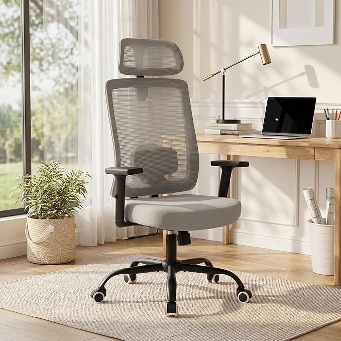 Ergonomic Mesh Office Chair with Headrest, Comfortable Desk Chair for Long Sitting, Breathable Computer Chair with Flip-Up Arms, Adjustable Swivel Chair for Home Office Work Study, Grey