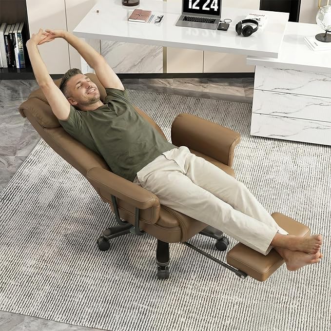 GYI 160° Reclining Office Chair with Footrest, Big and Tall High Back Home Office Chair, Leather Computer Desk Chair with Cross Legged Seat, Arms, Wheels, Brown