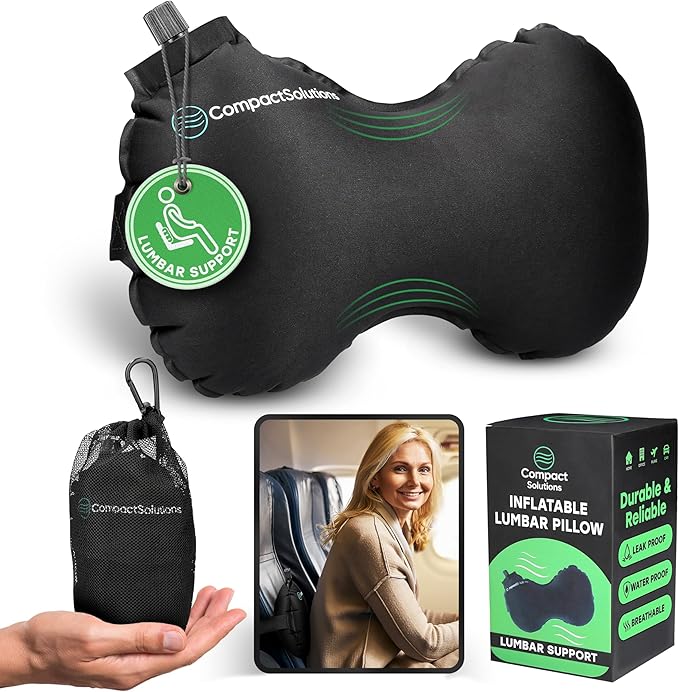 Inflatable Lumbar Pillow for Airplane Travel - Travel Lumbar Pillow - Suitable for Men and Women of All Ages - (Free eBook with Tips and Stretches for Travelling with Back Pain)