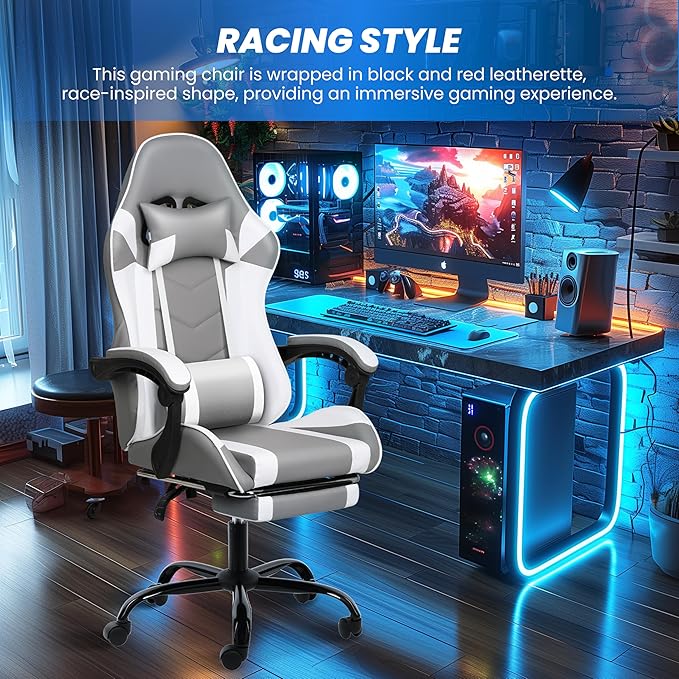 Gaming Chair, Ergonomic Computer Chair with Footrest and Lumbar Support, Height Adjustable Office Chair with 360° Swivel Seat and Headrest