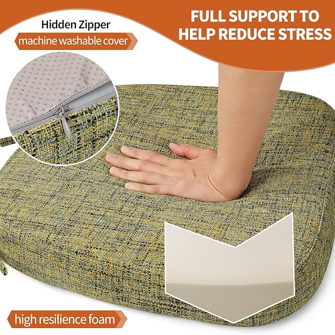 SINOSSO Thickened 2.5" Dining Chair Cushion, Soft Blended High Density Support Foam Kitchen Seat Cushion with Ties, U-Shaped Non-Slip Indoor Chair Pad, 16.5" x 16", 1 PCS, Yellow