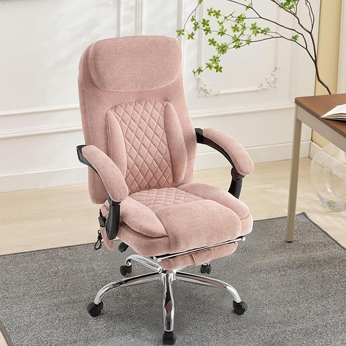 500LBS Massage Office Chair, 6 Points Vibration & Heat Executive Office Chairs, 135°Reclining Comfy Desk Chair with Foot Rest, Wider & Thicker Seat Cushion, Fabric Big and Tall Gaming Chair, Pink