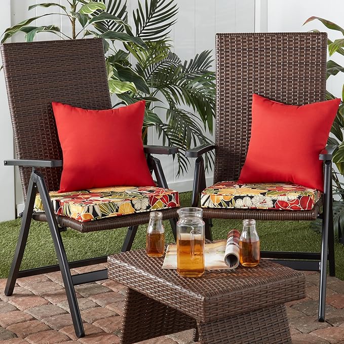 Outdoor 18 inch Square Patio Dining Chair Pads – Comfortable Fiber-Filled Seat Cushions with Ties, Reversible Polyester Fabric - Aloha Black Floral, Set of 4