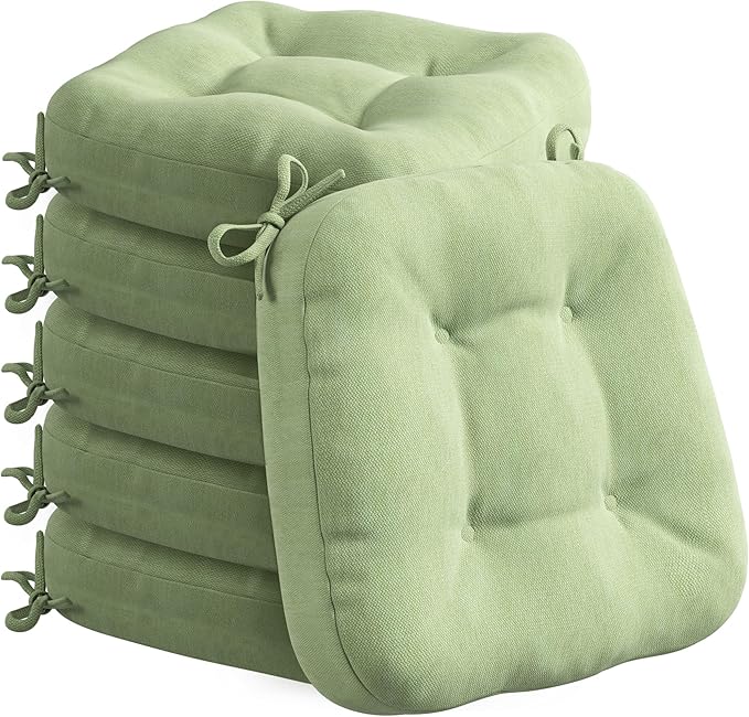 Codi 6 Pack Dining Chair Cushions, Thick Chairs Pads for Indoor Kitchen Room - Washable, Non-Slip Memory Foam Seat Cushion with Ties, 16.5"x16.5"x 3.5", Set of 6, Sage New