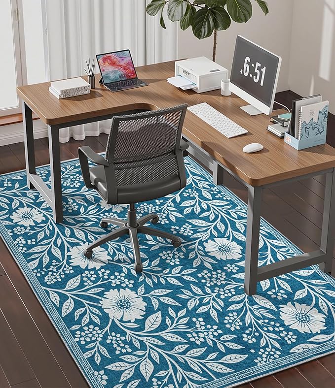 chakme Office Chair Mat for Hardwood Floor, 60"x45" Easy Glide Computer Desk Mat Protector for Rolling Chair Under Desk Rug Nonslip Backing, Machine Wash, (Blue Flowers)