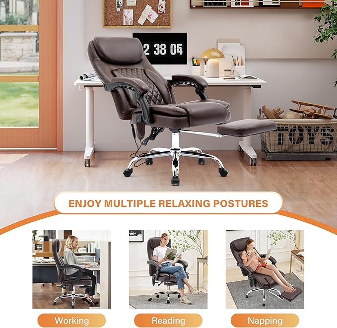 500LBS Massage Office Chair, 6 Points Vibration & Heat Executive Office Chairs, 135°Reclining Comfy Desk Chair with Foot Rest, Wider & Thicker Seat Cushion, PU Leather Big and Tall Gaming Chair, Brown
