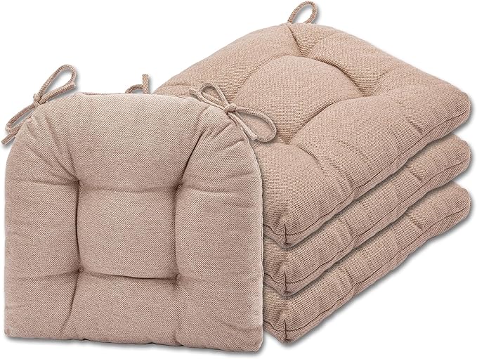 SQUARE MOON D-Shaped 3" Thick Chair Cushions, Chair Pads for Dining Chairs and Kitchen Chairs, Indoor Dining Room Seat Cushions with Ties, Machine Washable, 17" x 16" x 3", 4/Pack, Light Coffee