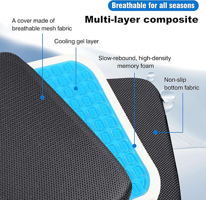 Gel Memory Foam Seat Cushion with Washable Cover Non-Slip Thick Chair Cushion with Portable Handle & Storage Pocket Adjustable Chair Pad for Long Sitting (Black)