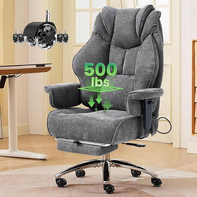 500lbs Big and Tall Office Chair Adjustable Lumbar Support, Extra Wide Seat Ergonomic Gaming Chair with Footrest, Heavy Duty High Back Executive Leather Computer Desk Chair (Grey Fabric)