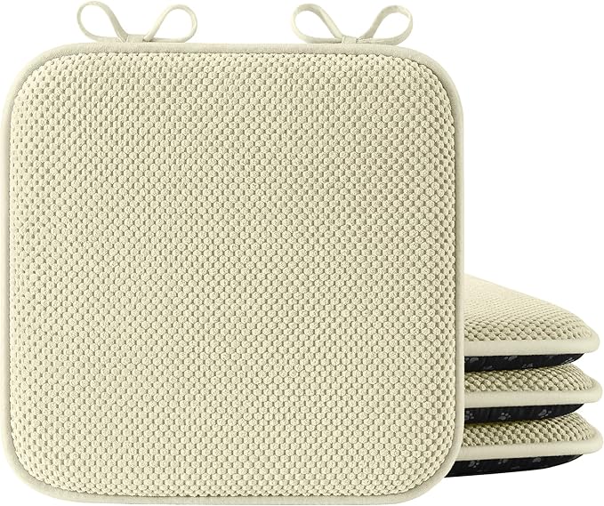 puredown® Chair Cushions for Dining Chairs, Set of 4 Memory Foam Seat Cushions with Non-Slip Backing & Ties, 16" x 16" x 1.5", Comfortable & Supportive Dining Chair Pads for Kitchen, Light Khaki