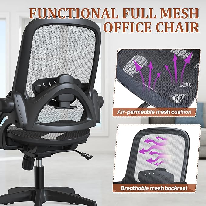 Ergonomic Full Mesh Office Home Computer Chair with Flip Up Arms Lumbar Support Height Adjustable for Adult Kids