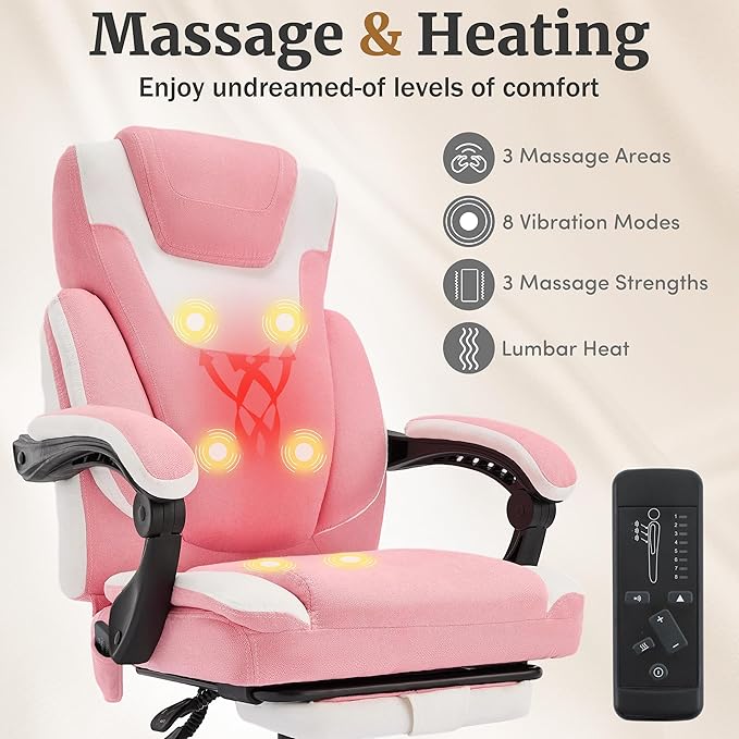 Massage Office Chair with Foot Rest,6-Point Vibration & Heat Reclining Computer Chair,Big and Tall Fabric Office Chair for Heavy People,Ergonomic Executive Desk Chair,High Back,PinkWhite