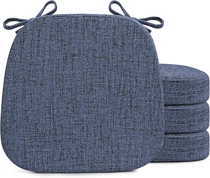 SINOSSO Chair Cushions for Dining Chairs, Soft Blended 2.5" High Density Support Foam Kitchen Seat Cushions with Ties, U-Shaped Non-Slip Indoor Chair Pads, 16.5" x 16", 4 PCS, Blue