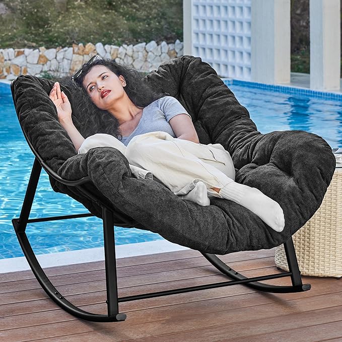 Oversized Rocking Chair Indoor, Papasan Rocking Chair Outdoor, Lounge Chair with Cushion, Patio Egg Rocker Chairs, Comfy Reading Chairs for Bedroom, Living Room, Garden, Lawn, Dark Grey