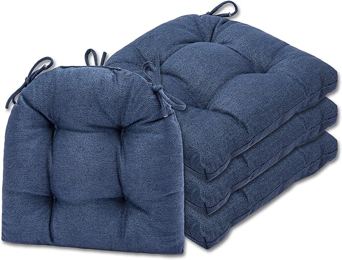 SQUARE MOON D-Shaped 3" Thick Chair Cushions, Chair Pads for Dining Chairs and Kitchen Chairs, Indoor Dining Room Seat Cushions with Ties, Machine Washable, 17" x 16" x 3", 4/Pack, Navy Blue