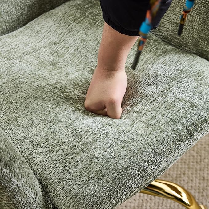 VINGLI Comfy Fuzzy Vanity Chair, Swivel Makeup Chair with Wheels, Upholstered Height Adjustable Armchair with Gold Base, Modern Ergonomic Desk Chair for Bedroom, Home Office, Olive Green
