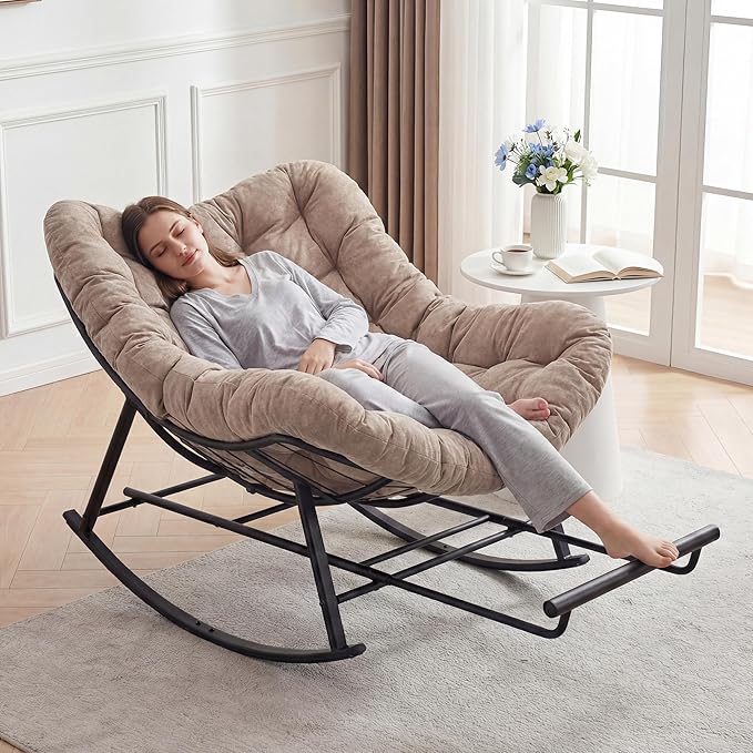 Oversized Rocking Chair Indoor with Foot Rest, Papasan Rocking Chair Outdoor, Lounge Chair with Cushion, Patio Egg Rocker Chairs, Comfy Reading Chairs for Living Room, Garden, Lawn, Khaki