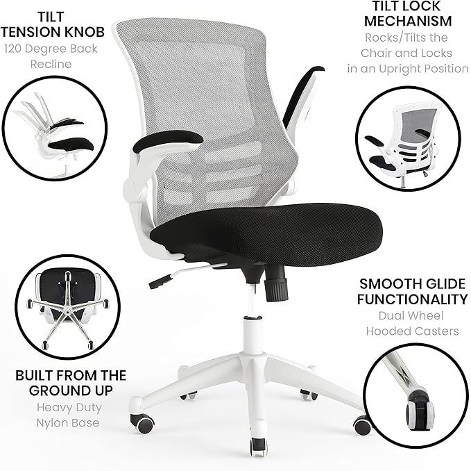 Flash Furniture Kelista Office Chair, Ergonomic, Mid-Back, White Frame, Black Mesh with Swivel