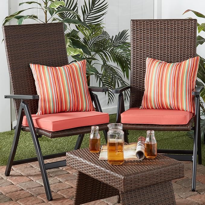 Outdoor 18 inch Square Patio Dining Chair Pads – Comfortable Fiber-Filled Seat Cushions with Ties, Reversible Polyester Fabric - Coral, Set of 4