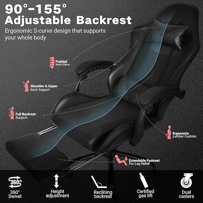 Gaming Chair, Ergonomic Computer Chair with Footrest and Lumbar Support, Height Adjustable Office Chair with 360° Swivel Seat and Headrest