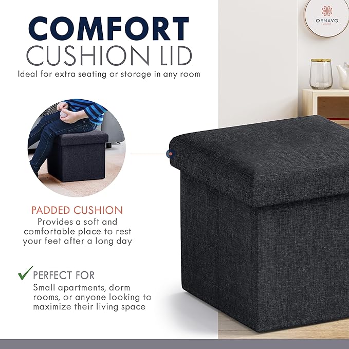 Ornavo Home Small Storage Ottoman, Set of 2 Foldable Collapsible Cube Square Linen Ottoman Foot Rest Stool Seat, for Living Room, Bedroom, Home Office, Dorm - 12 x 12 x 12, Black