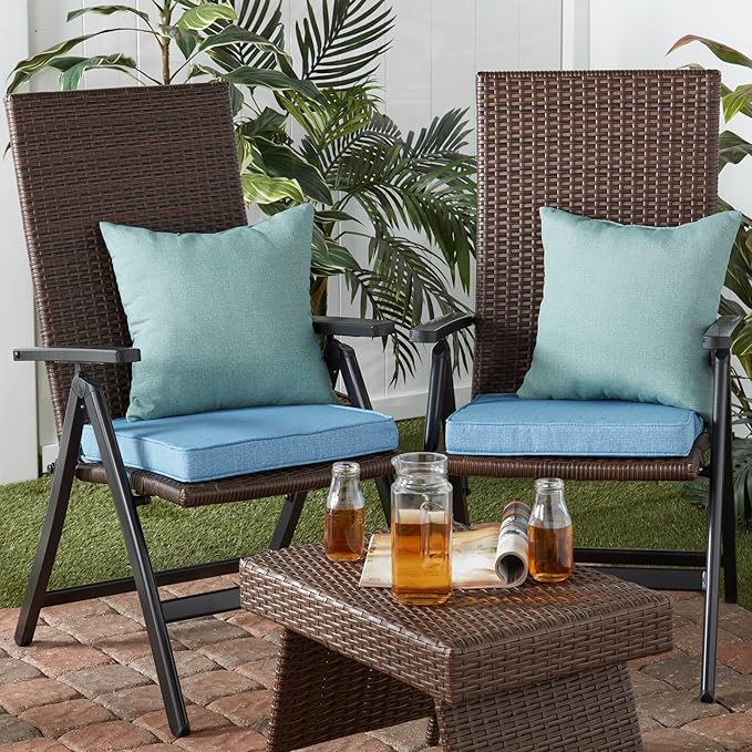 Outdoor 18 inch Square Patio Dining Chair Pads – Comfortable Fiber-Filled Seat Cushions with Ties, Reversible Polyester Fabric - Denim, Set of 2