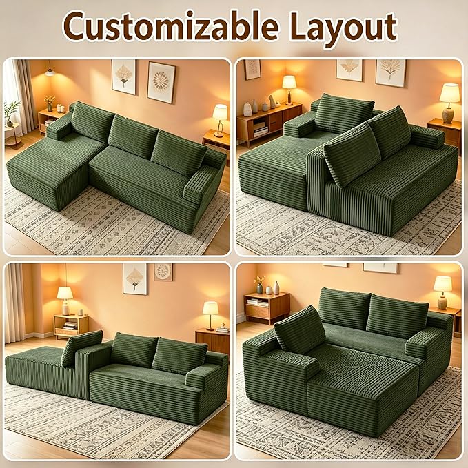 94" Green Fluffy Couch with Ottoman for Living Room, Corduroy No Bones Sectional Couch,Compressed Memory Foam Cloud Sofa,No Assembly Required,Left Facing Chaise,Green