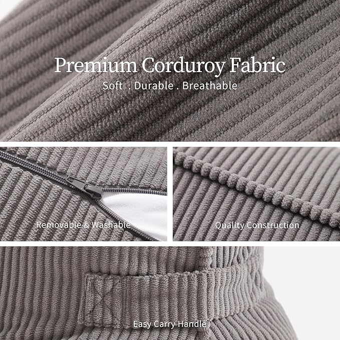 Pat. Pend. Corduroy Back Pillow for Sitting, Lumbar Support Cushion for Sofa, Office Chair & Bed Sitting, Reading & Watching TV, Ergonomic Triangle Backrest Pillow, Light Gray