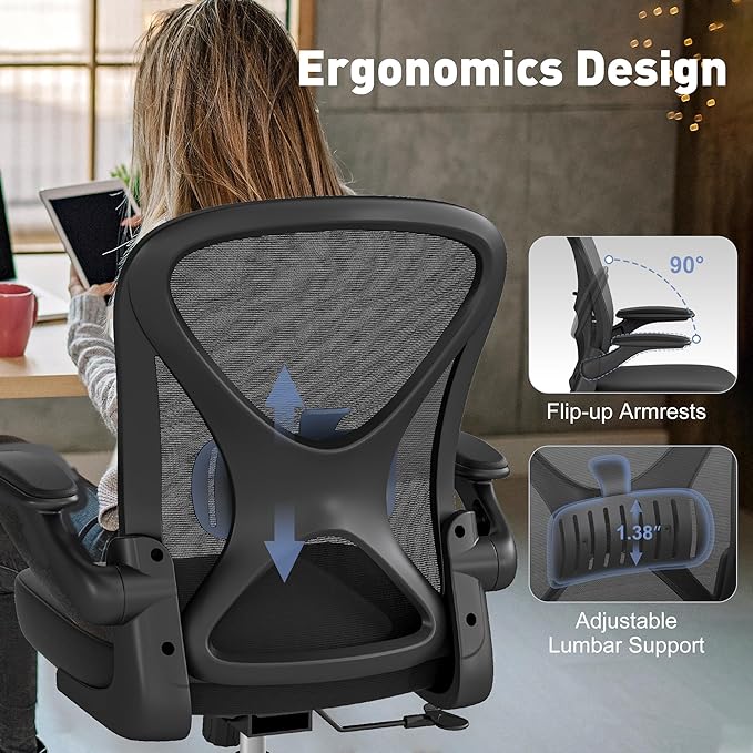 Ergonomic Office Chair Set of 6, Mesh Fabric Home Office Chairs with Adjustable Lumbar Support, 360° Swivel, and Flip-Up Armrests, Black