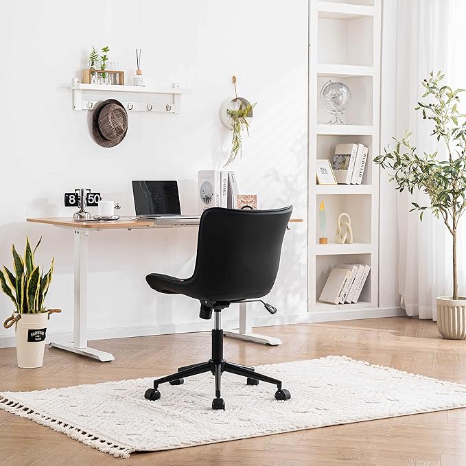 YOUNIKE Black Home Office Desk Chair with Wheels Comfy Armless Cute Vanity Chair with Adjustable Rocking Back Modern Leather Upholstered Rolling Swivel Small Task Drafting Sewing Chair Compact