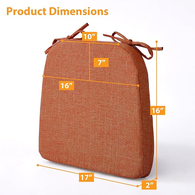 Ruqmuis Chair Cushions for Dining Chairs, 2" Thick Seat Cushions for Kitchen Chairs, D-Shaped Chair Pads with Washable Cover, Ties and Non Slip Backing, 17'' x 16'', Set of 6, Orange