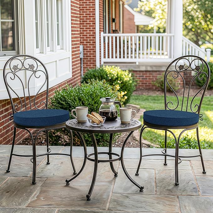 Outdoor Round Chair Cushions 15 Inch, Fade-Resistant & Water-Resistant, Bistro Chair Seat Pads for Porch Garden Balcony Patio Furniture Stools, Non-Slip Bottom, Set of 4, Navy Blue