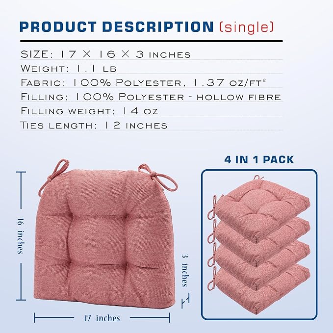 SQUARE MOON D-Shaped 3" Thick Chair Cushions, Chair Pads for Dining Chairs and Kitchen Chairs, Indoor Dining Room Seat Cushions with Ties, Machine Washable, 17" x 16" x 3", 4/Pack, Dark Pink