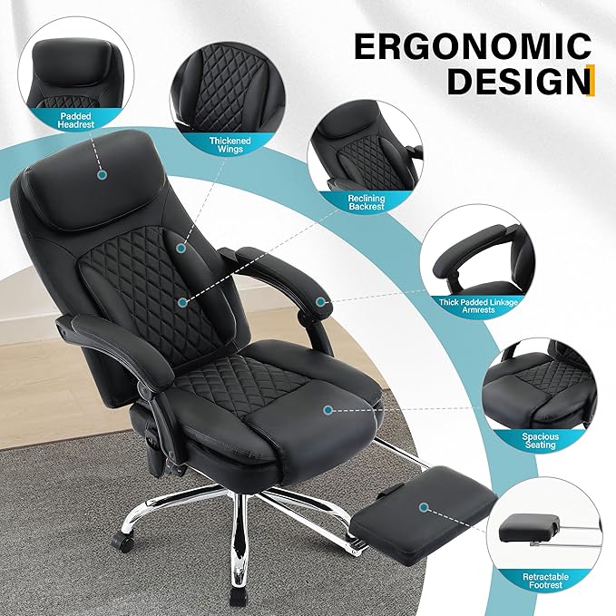 6-Point Massage Office Chair with Heated, Ergonomic Office Chair with Footrest & 45°Reclining High Back, Big and Tall Executive Office Chair 500LBS, Thick Cushion Desk Chair for Home Office, Black(PU)