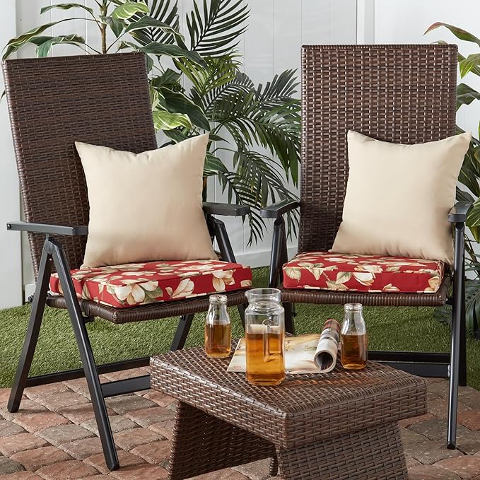 Outdoor 18 inch Square Patio Dining Chair Pads – Comfortable Fiber-Filled Seat Cushions with Ties, Reversible Polyester Fabric - Roma Floral, Set of 2