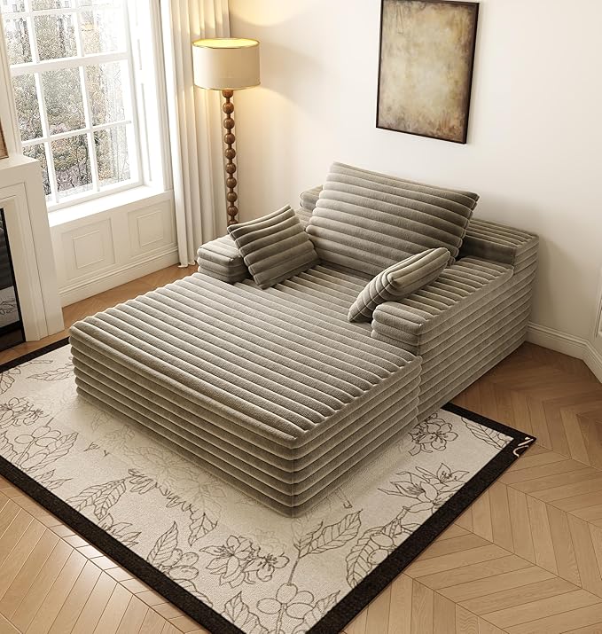 62.6" Oversized Boneless Chaise Lounge Sofa Bed - Cozy Corduroy Reading Chair for Living Room Bedroom, Small Cloud Couch with Throw Pillows, Plush Sleeper Sofa Chairs, No Assembly, Camel