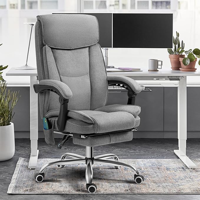 TonghuaS Massage Office Chair with Foot Rest Vibration and Heating, 90-130° Reclining Desk Chair, Ergonomic Reclining Computer Gaming Fabric Chair(Grey)
