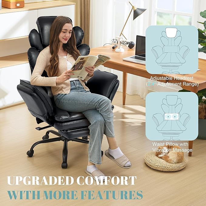 Big and Tall Office Chair, Flip Armrests Criss Cross Office Chair, Reclining Desk Chair with Foot Rest, Adjustable Headrest, Massage Waist Pillow Cross Legged Wide Seat Vanity Chair, PU Leather Black
