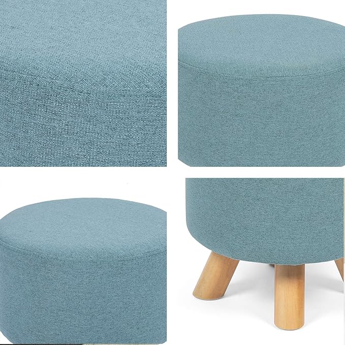 Homebeez Round Ottoman Foot Rest Stool, Small Fabric Footstool with Non-Skid Wood Legs, Blue