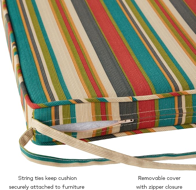 Outdoor 18 inch Square Patio Dining Chair Pads – Comfortable Fiber-Filled Seat Cushions with Ties, Reversible Polyester Fabric - Sunset Stripe - Updated, Set of 4