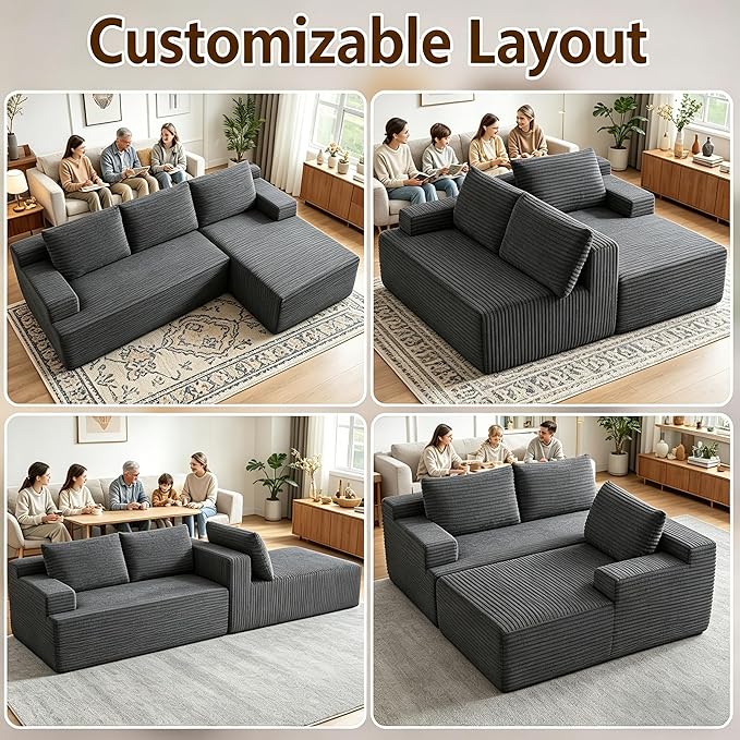 94" Boneless Couches with Right Facing Chaise for Living Room,Corduroy Sectional Couch,L-Shape Cloud Couches Compressed Memory Foam Cloud Sofa,No Assembly Required,Darkgrey