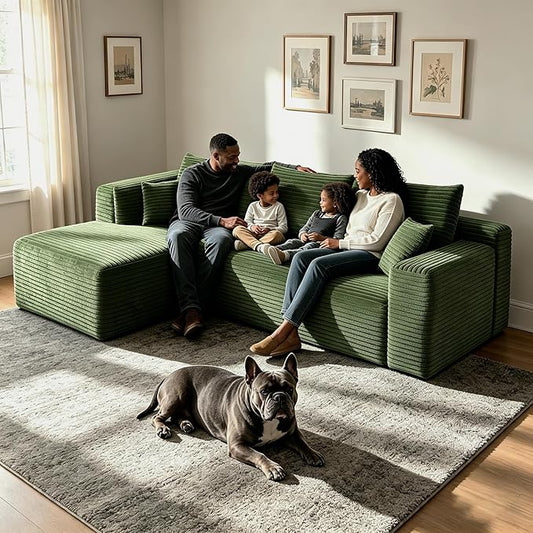 94" Green Boneless Couch with Left Facing Chaise for Living Room,Corduroy L-Shaped Sectional Couches,Compressed Memory Foam Cloud Sofa,No Assembly Required,Green