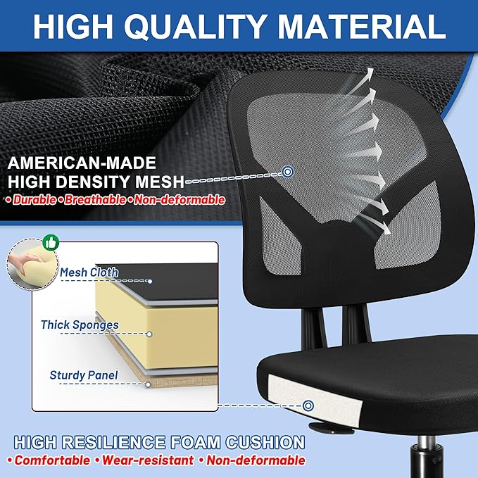 Armless Swivel Mesh Computer Office Desk Chair No Arms Height Adjustable with Lumber Support for Child and Adult