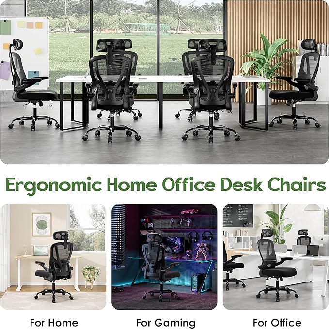 Office Chair Ergonomic Desk Chair - Mesh High Back Office Chair with Headrests Wheels Lumbar Support Home Desk Office Chairs Flip up Armrest Executive Rolling Computer Chair Black 4 Pack