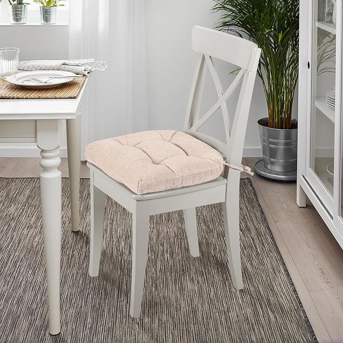 SQUARE MOON D-Shaped 3" Thick Chair Cushions, Chair Pads for Dining Chairs and Kitchen Chairs, Indoor Dining Room Seat Cushions with Ties, Machine Washable, 17" x 16" x 3", 4/Pack, Beige