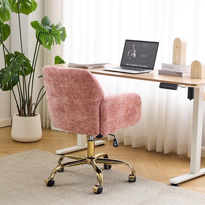 VINGLI Comfy Fuzzy Vanity Chair, Swivel Makeup Chair with Wheels, Upholstered Height Adjustable Armchair with Gold Base, Modern Ergonomic Desk Chair for Bedroom, Home Office, Pink