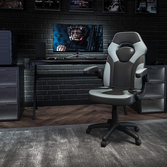 Flash Furniture X10 High-Back LeatherSoft Racing Style Gaming Chair with Flip-Up Arms, Ergonomic Padded Swivel Computer Chair, Gray/Black