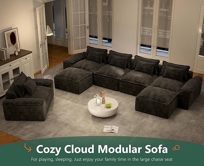 Hobestluk 152" Cloud Modular Sectional Couch 4-Seater Sofa with Ottomans U Shaped Couches Deep Seat Boneless Sofa for Living Room (Dark Grey, 4-Seater Sofa with Two Ottomans)