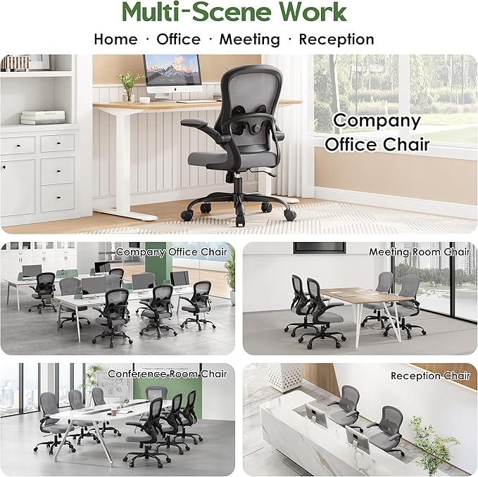 Office Chair Ergonomic Desk Chair - Mesh Comfy Home Desk Office Chairs with Wheels Adjustable Lumbar Support Flip up Armrest Executive Rolling Swivel Teacher Task Computer Chair Gray